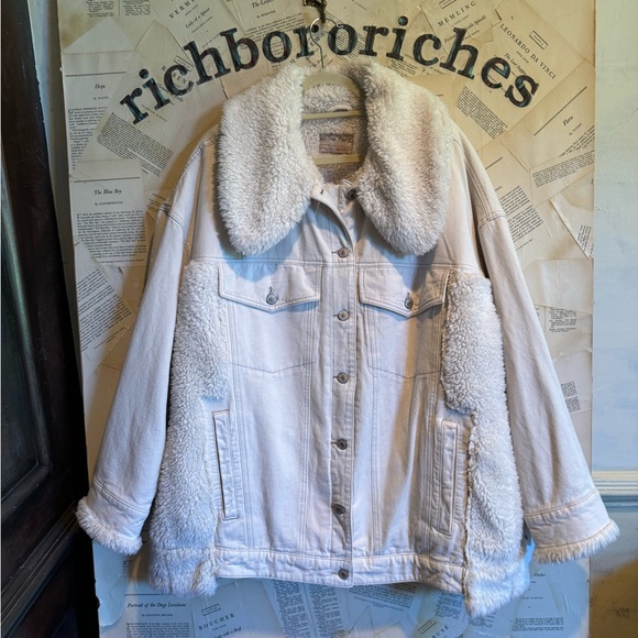 Free People Holly Cozy Denim Jacket We The Free Faux Fur Collar Trim Ivory - Picture 6 of 7
